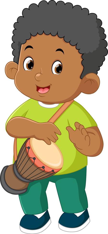 a cute african boy learns to play the bongo instrument vector