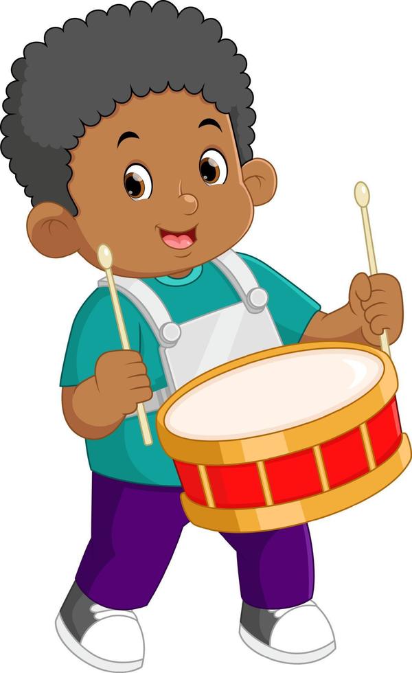 an African boy passionately plays the red drum musical instrument vector