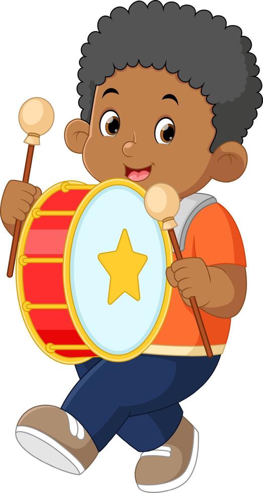 a happy african boy playing a big drum musical instrument vector