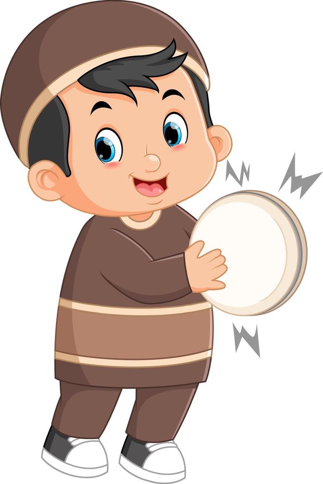 an excited Muslim boy is beating a tambourine vector