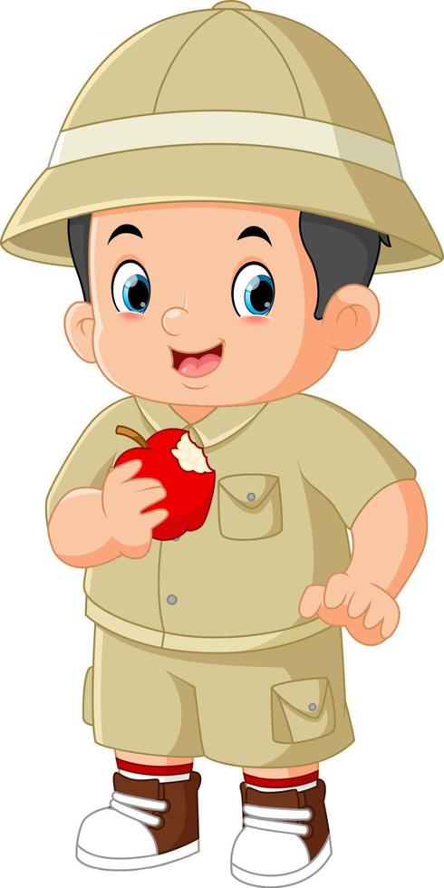 un linda aventurero chico estaba hambriento y estaba comiendo un manzana vector
