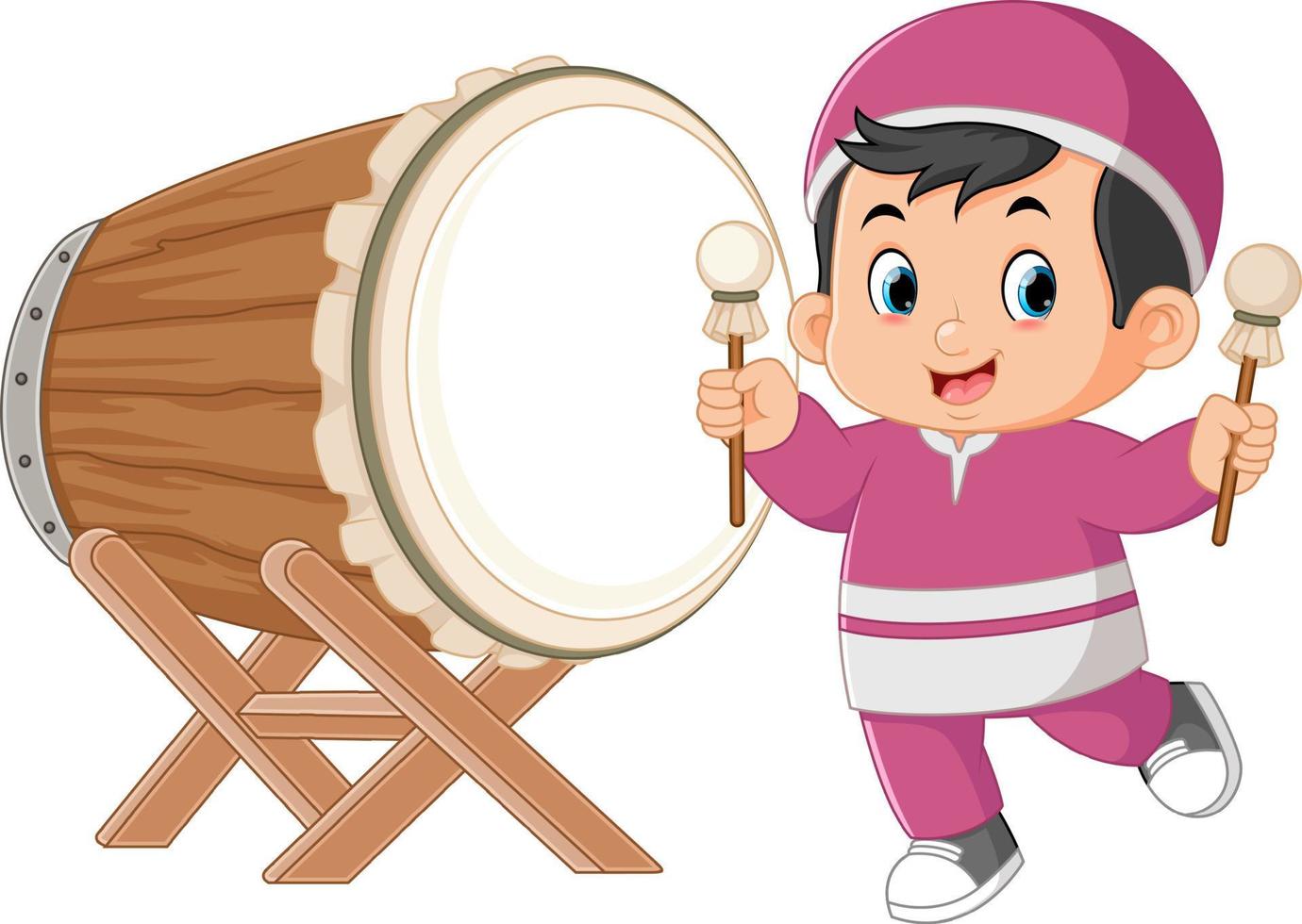 an excited Muslim boy beating a big drum vector