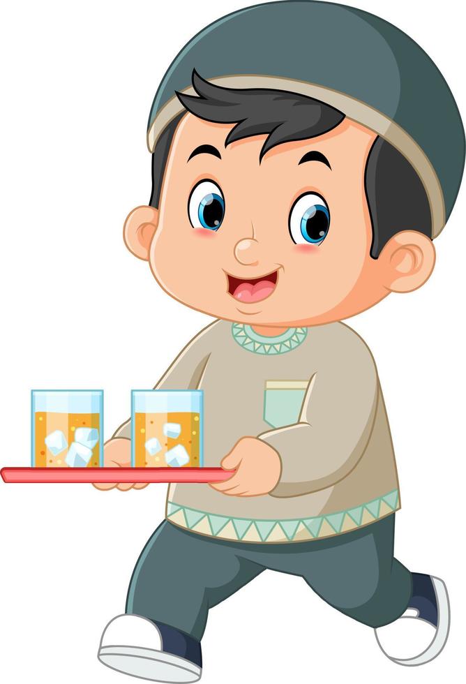 a cute Muslim boy brings two glasses of fresh orange ice on a tray vector