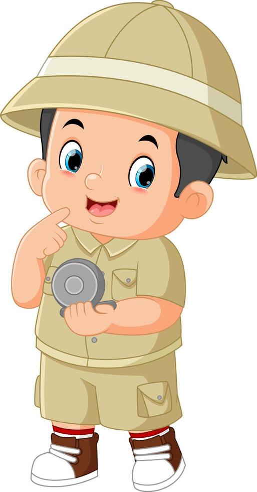 an adventurous boy is looking for directions using a compass vector