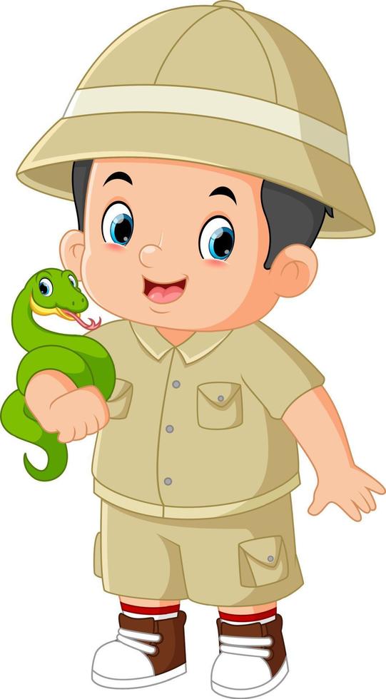 an adventurous boy posing with a green snake vector