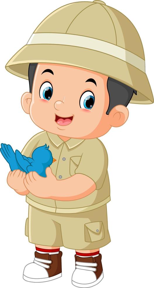 a cute adventurous boy is helping a bird vector