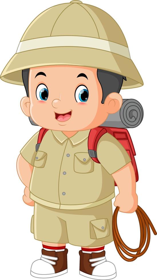 a brave adventurous boy carrying camping equipment and a rope in his hand vector