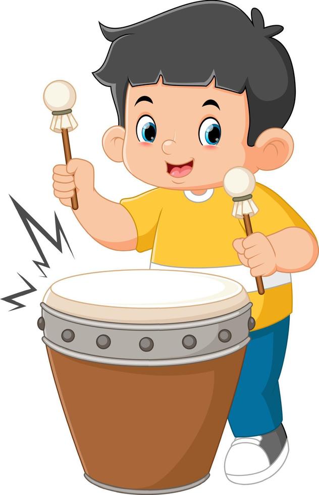 a boy excitedly plays a Japanese percussion taiko instrument vector