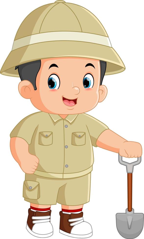 a cute adventurous boy poses with a shovel to dig for treasure vector