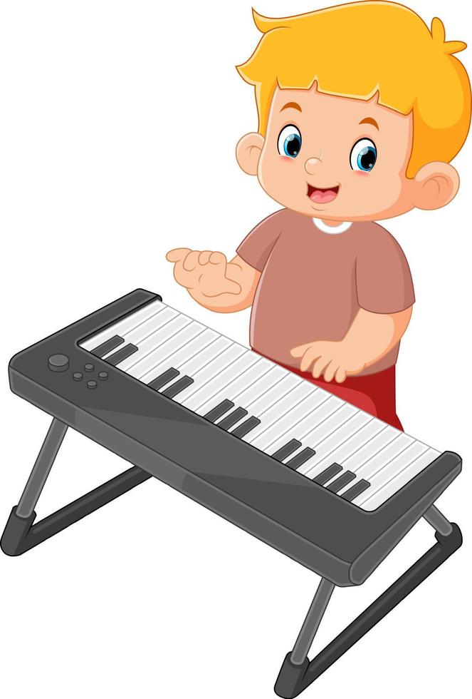 a cute boy is dancing and having fun playing the digital piano vector