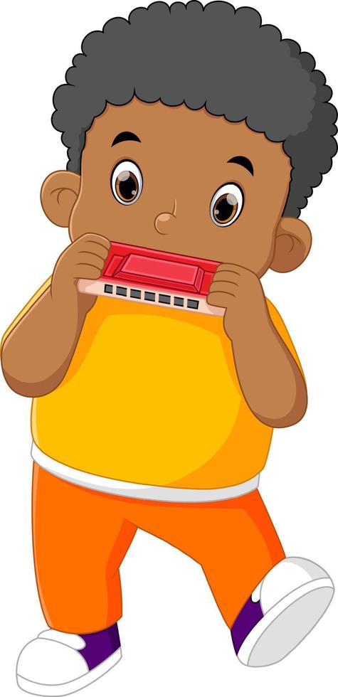 a cute African boy plays the harmonica seriously vector