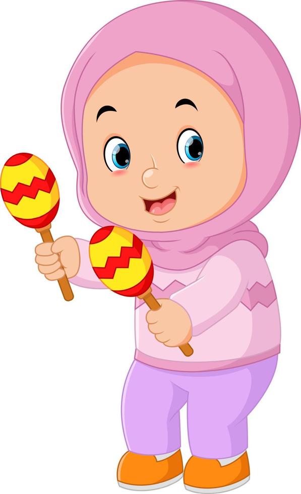 a cute Muslim girl playing a maracas musical instrument vector