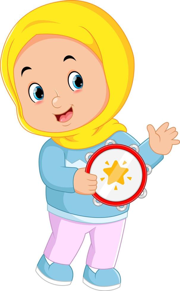 a Muslim girl is happy by playing the tambourine vector