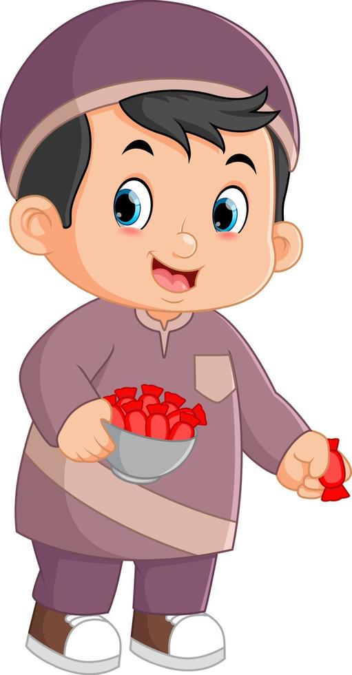 a cute muslim boy brings a big bowl and distributes lots of candy vector