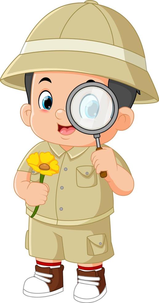 an adventurous boy is observing sunflowers with a magnifying glass vector