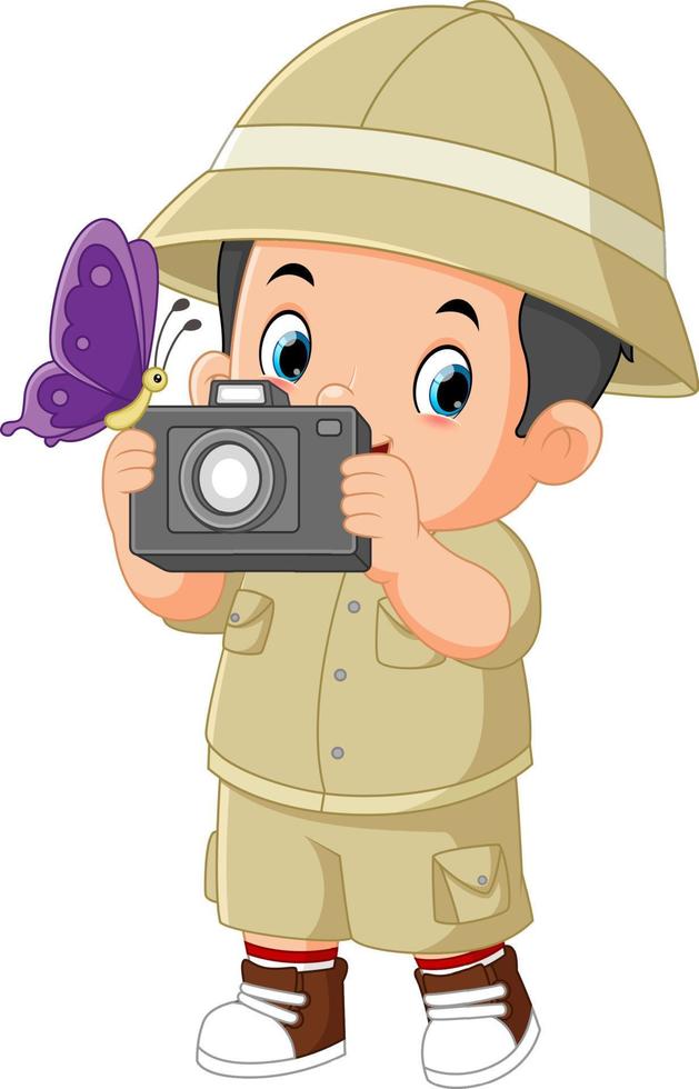 a cute adventurous boy is observing a butterfly and carrying a camera vector