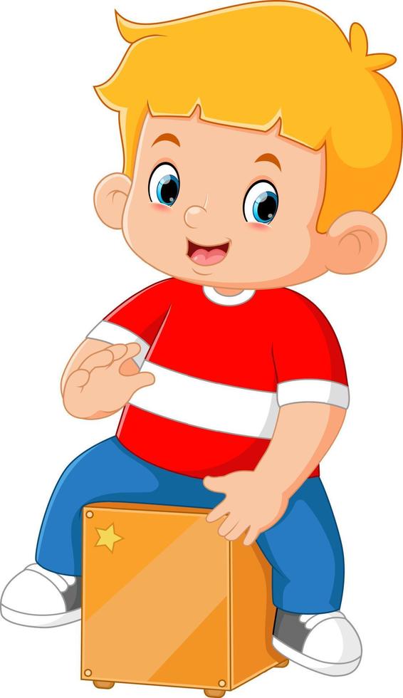 a cute boy playing a cajon drum instrument like a pro vector