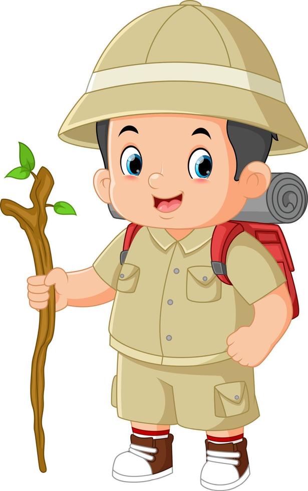 an adventurous boy walks with a backpack and a wooden stick vector