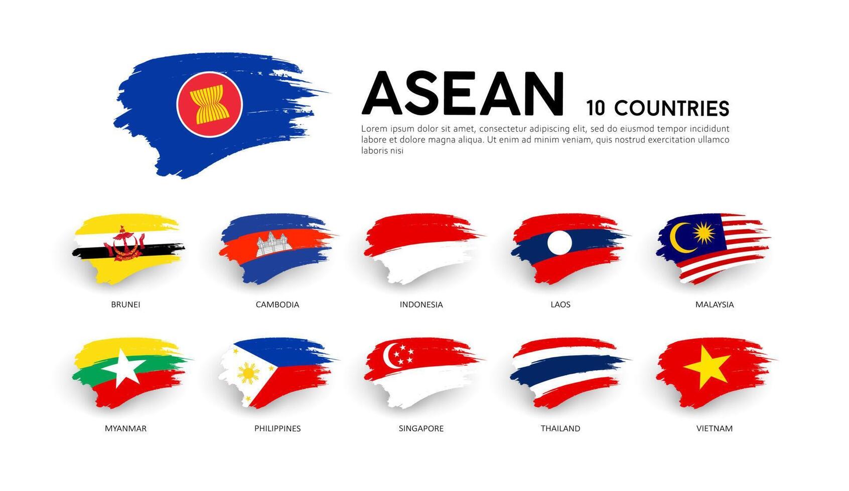 AEC Asean Economic Community flags, brush stroke design background, vector illustration