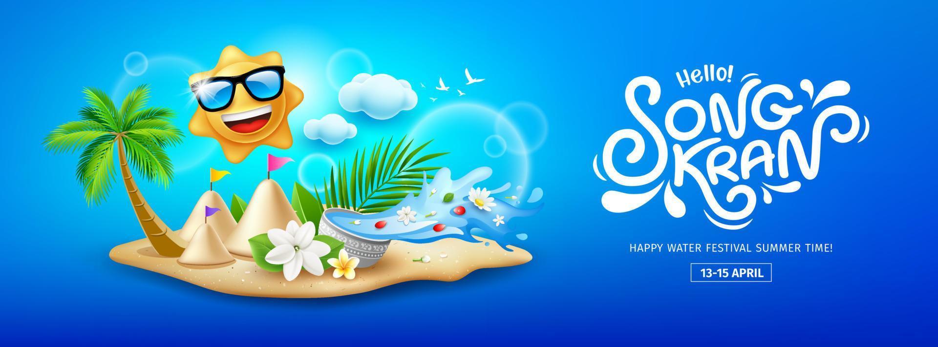 Songkran festival tailandia, tailandés flores en un agua bol, salpicando, Dom sonrisa, arena pagoda, nube cielo bandera diseño en azul fondo, eps 10 vector ilustración