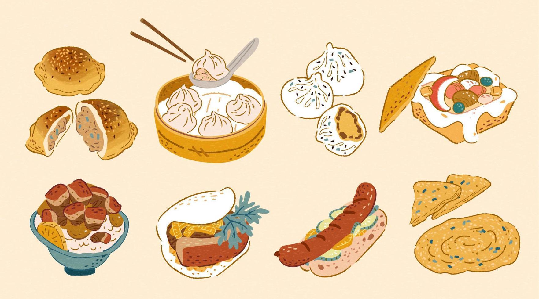 Taiwan street food collection in doodle design, including pepper buns, xiao long bao, pan-fried bun, coffin bread, braised pork rice, gua bao, sausage with sticky rice, and scallion pie. vector