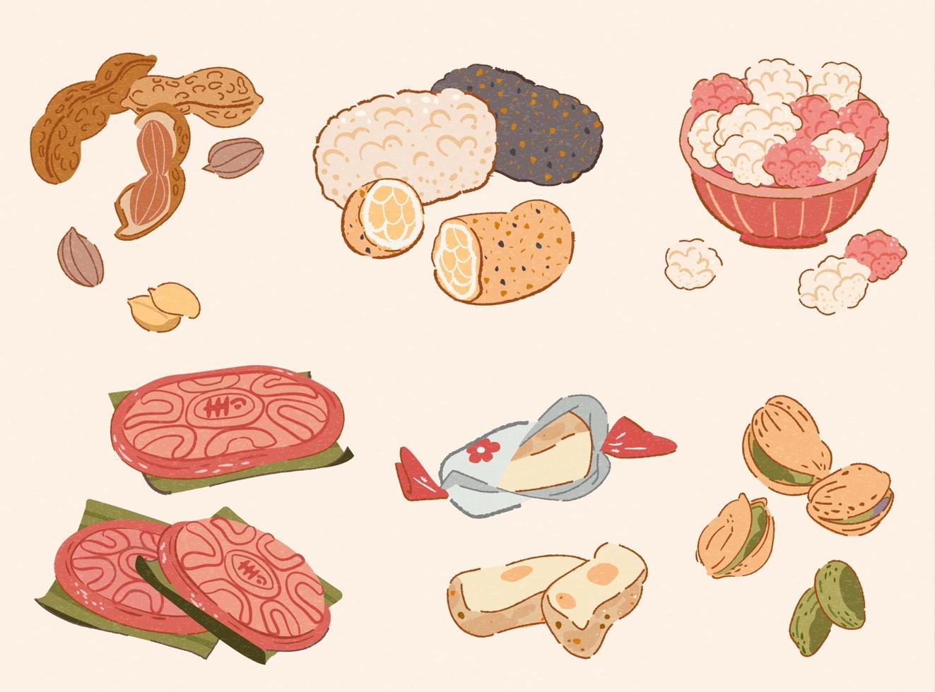 Taiwan CNY traditional snack collection in doodle style. Food elements including boiled peanuts, sesame rice crispy, sugar coated peanuts, red sticky rice cake, nougats, and pistachios. vector