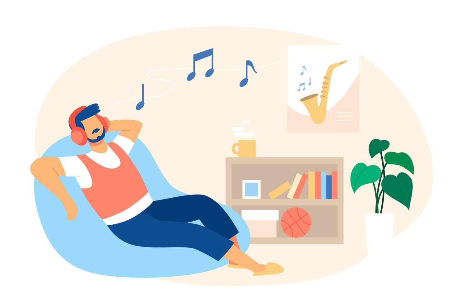 Man lying on bean bag and listening to music on headphones. Flat style illustration man enjoying listening to music. vector
