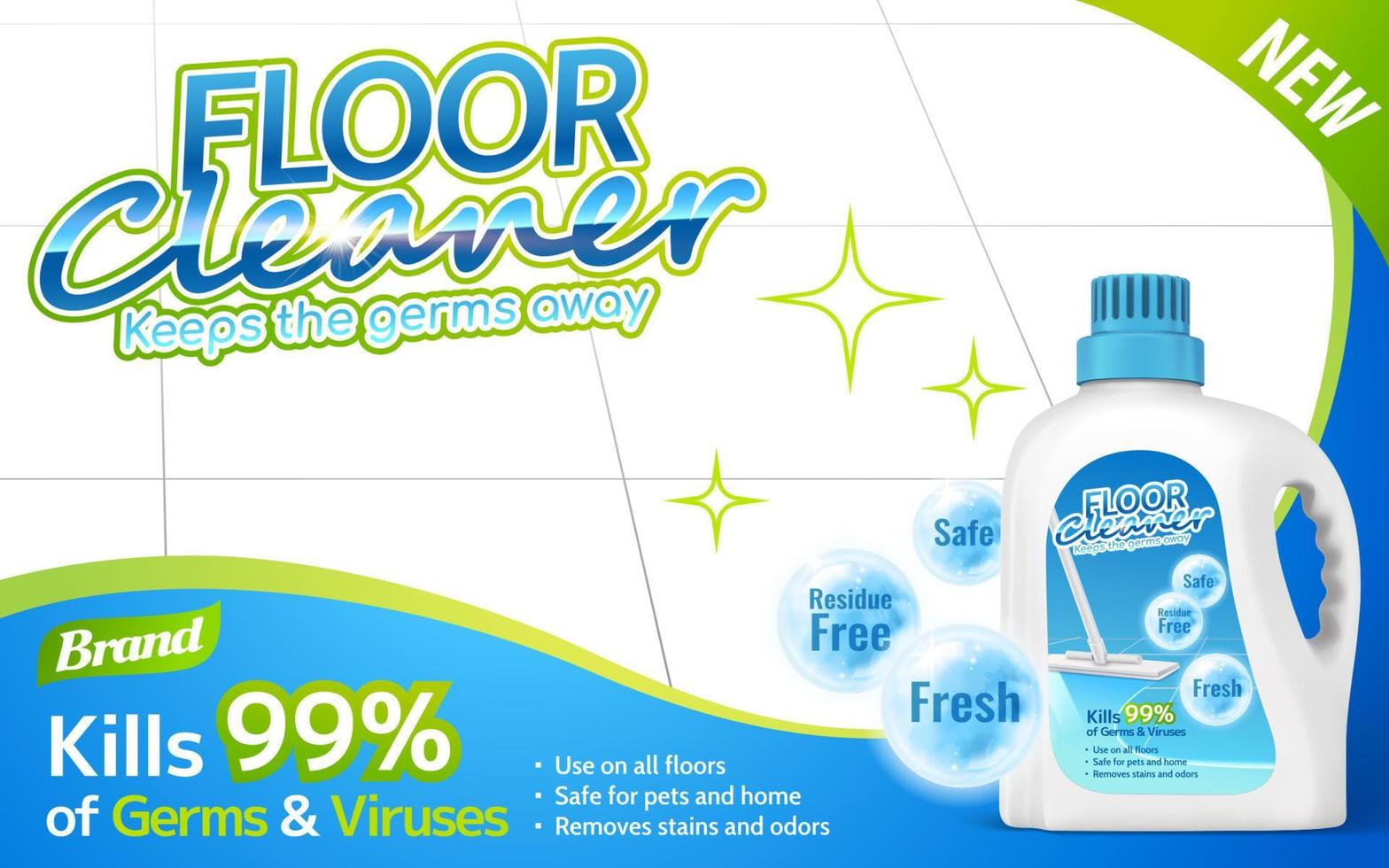 Floor cleaner package on shiny floor with several efficacies in 3d illustration vector