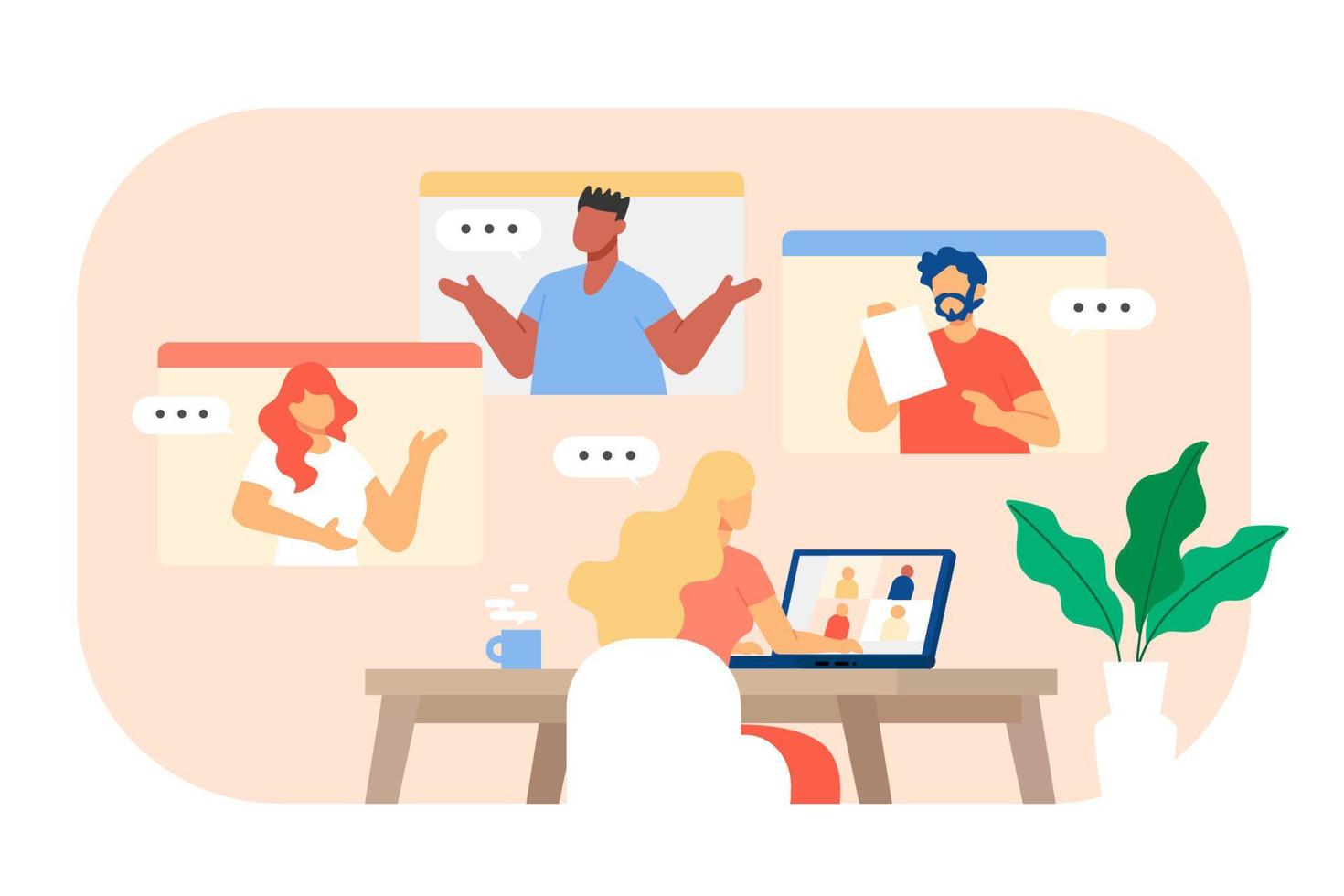 Woman doing conference video call to her colleagues at home. Flat style illustration home office concept. vector