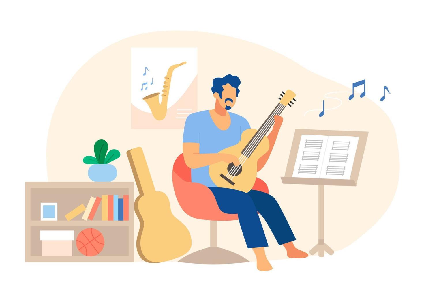 Flat style illustration of a man playing guitar using musical notes at home. Male staying at home learning to play musical instrument. vector