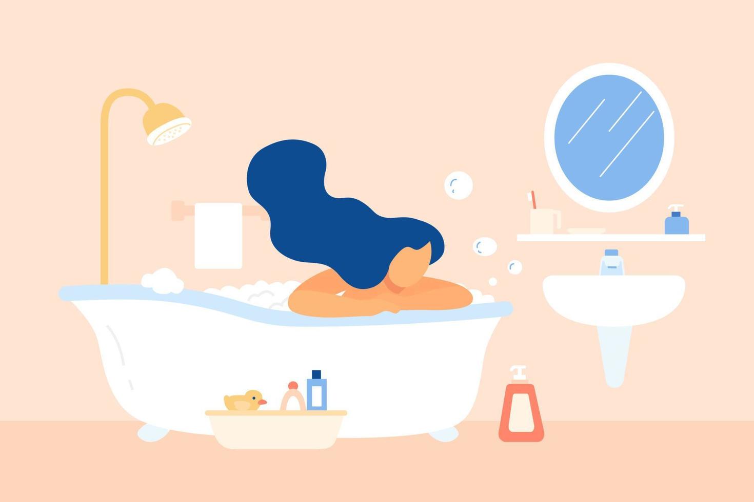 mujer relajante en bañera y disfrutando burbuja bañera a hogar. plano estilo ilustración. vector