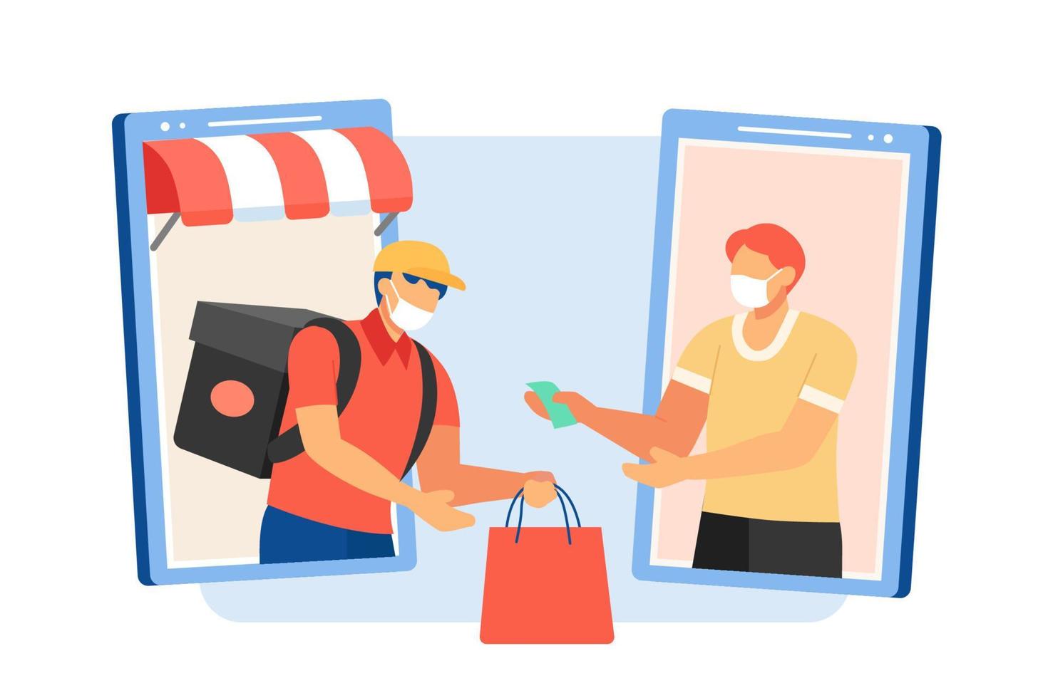 Flat style illustration, of delivery boy handing shopping bag to customer. Woman giving money for her order to courier man. Both wearing face masks and showing up from smart phone. vector