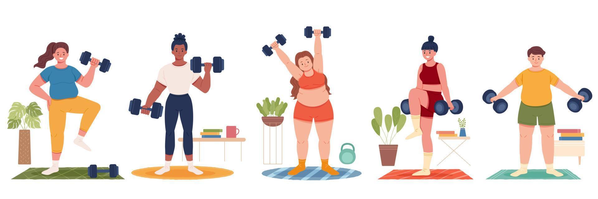 Collection of multi racial people exercising at home, home gym training concept. Flat design illustration of men and women lifting dumbbell weights indoors. vector