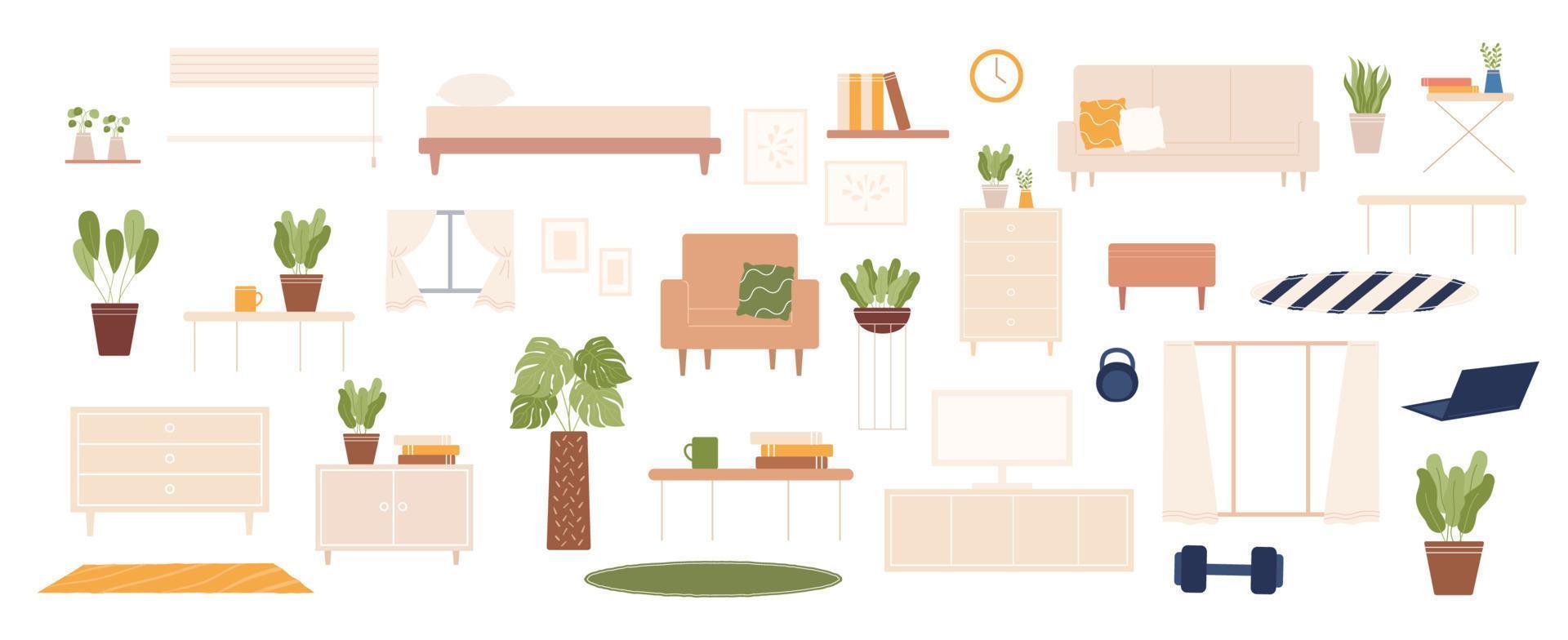 hogar relacionado elemento colección de interior mueble diseño en plano ilustración. aislado en blanco antecedentes. vector