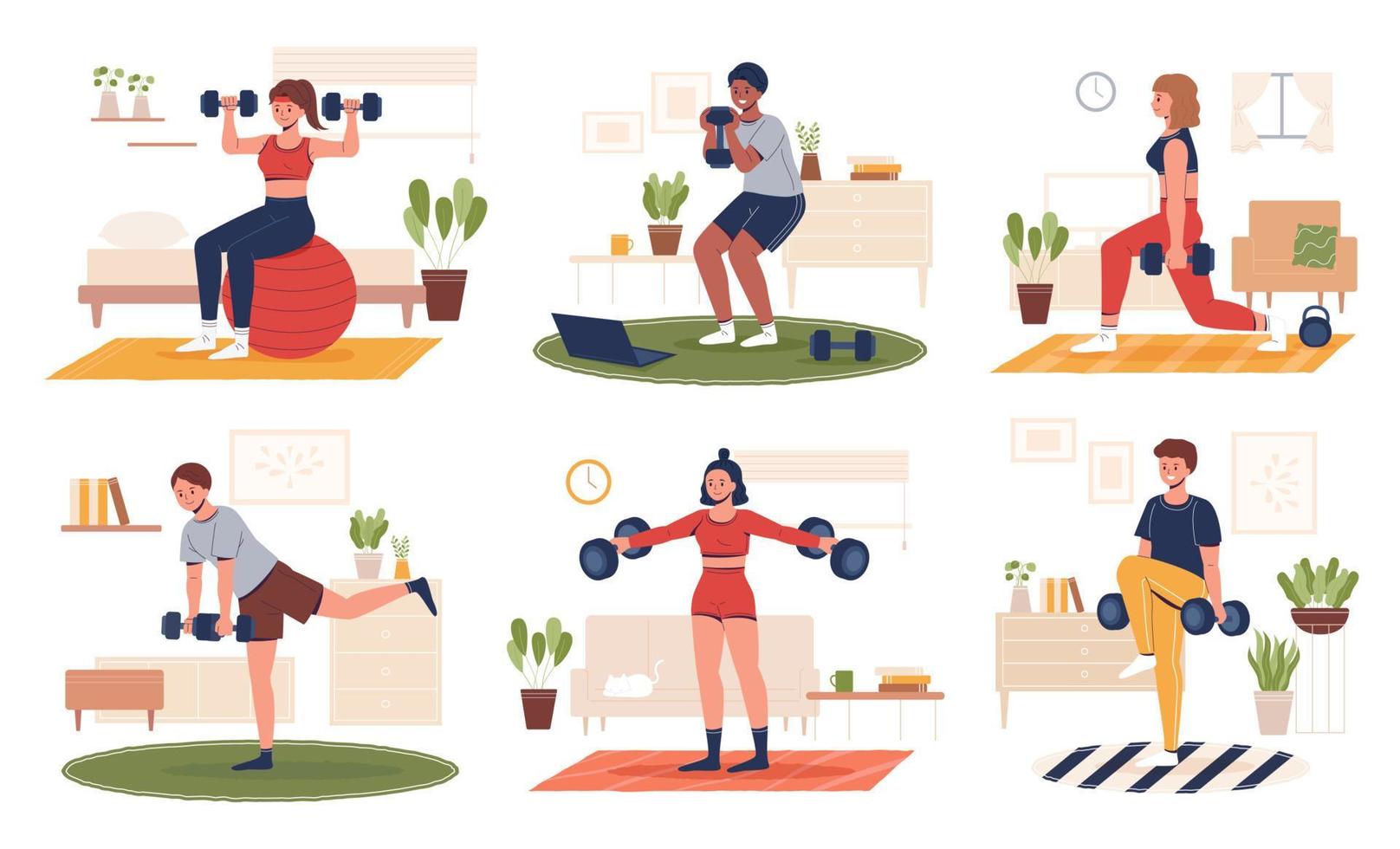 Sport at home scenes set. Different people doing workout indoors. Flat style illustration men and women using dumbbell weights to exercise at home. vector