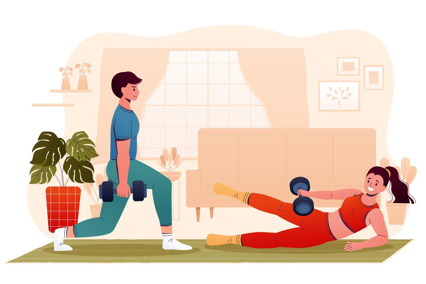 Flat design illustration of man and woman exercising at home. Young couple lifting dumbbell weights indoors. Concept of home gym workout and healthy lifestyle. vector