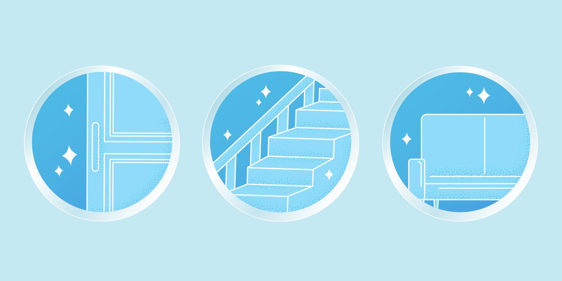 Circle icons or symbols of different indoor home surface, including door handle, staircases and sofa. Element isolated on blue background. vector