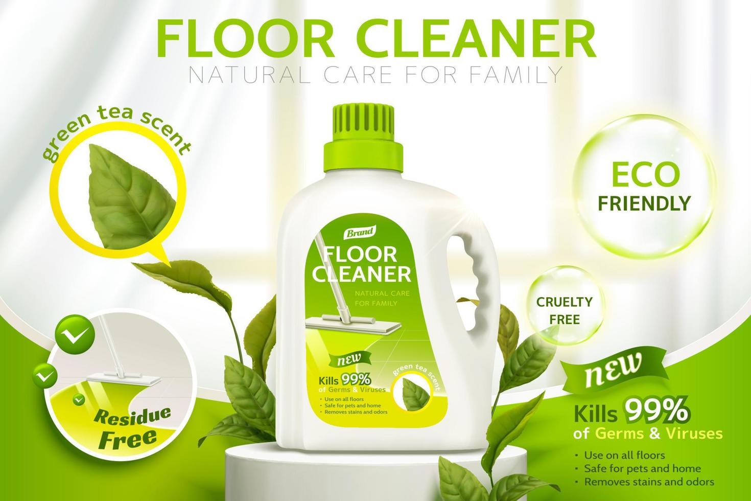 piso limpiador anuncios, producto paquete diseño en un etapa con varios eficacias y verde hojas en 3d ilustración vector