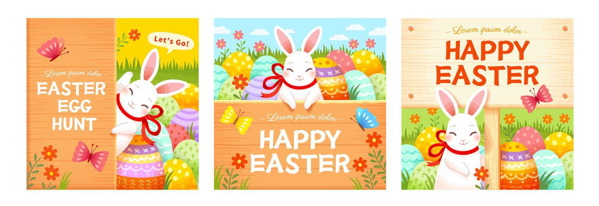 Pascua de Resurrección plantillas con linda conejos, huevos y madera tableros fiesta antecedentes adecuado para evento invitación o saludo tarjeta. vector