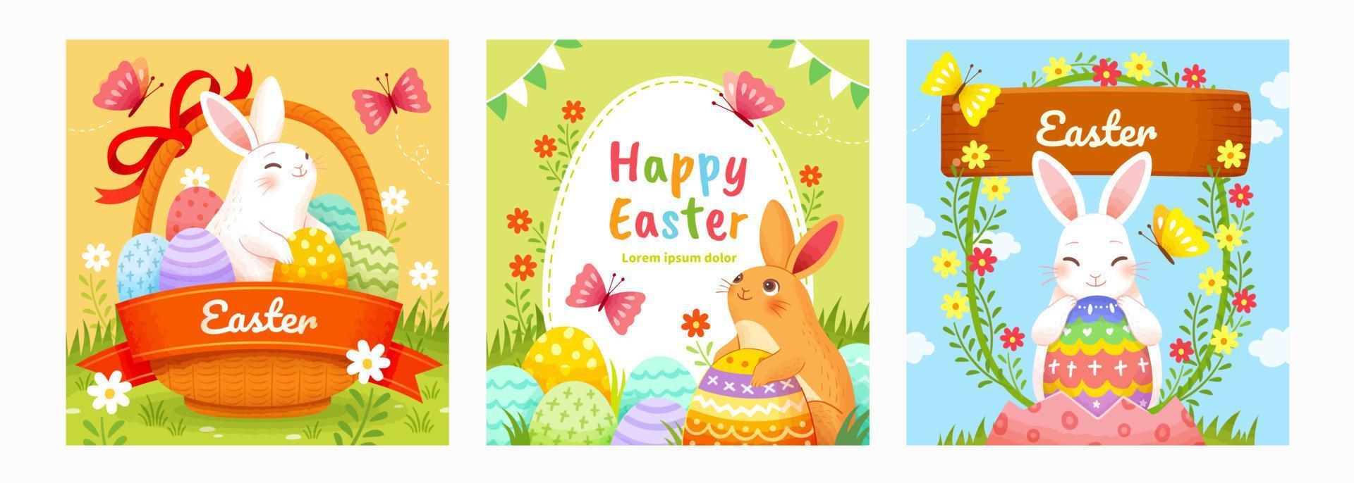 Easter templates with cute rabbits having Easter egg hunt. Holiday background suitable for event invitation or greeting card. vector