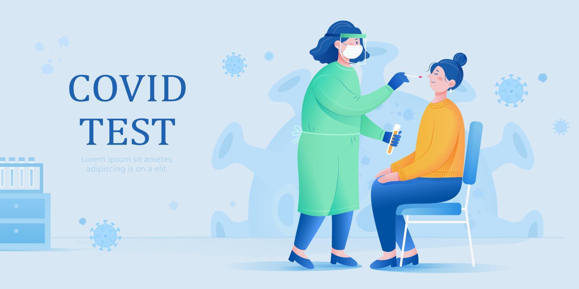 A female doctor in protective suit taking a nasal swab to collect samples for laboratory test. Concept of COVID 19 test. vector