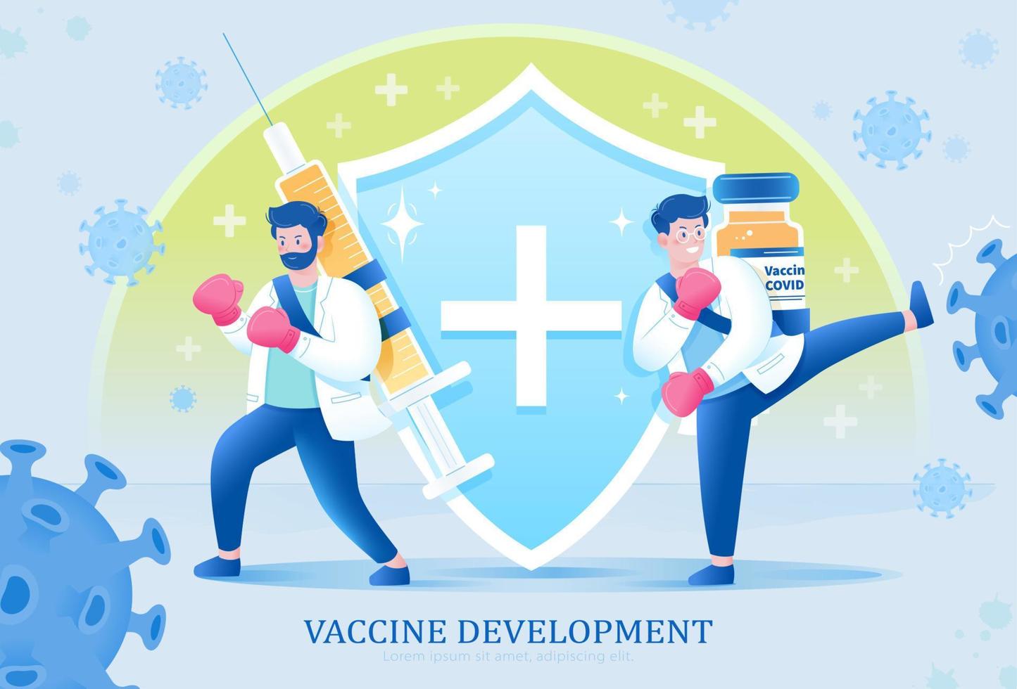 dos científicos luchando el virus con vacuna botella y jeringuilla. concepto de parada el codicioso pandemia mediante vacunación. vector