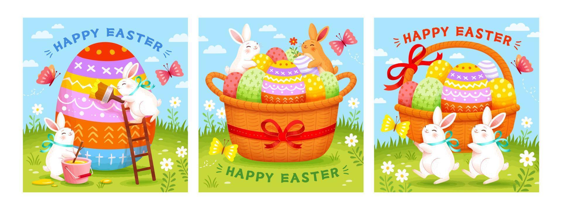 Easter templates with cute rabbits decorating eggs and putting them in baskets. Holiday background suitable for event invitation or greeting card. vector