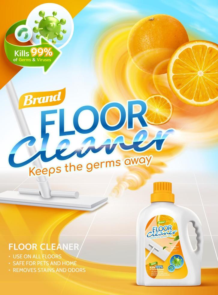 Floor cleaner ads, orange scent liquid with fruit twister elements, and mop cleaning floor in 3d illustration vector