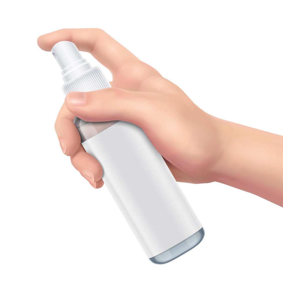 3d illustration of realistic hand holding white plastic spray bottle isolated on white background vector