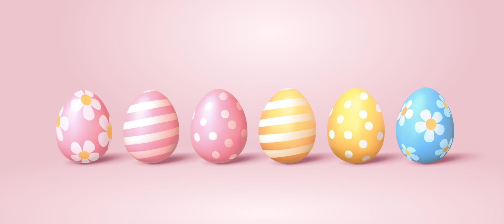 Easter painted egg with beautiful pattern. 3d holiday elements isolated on pink background. vector