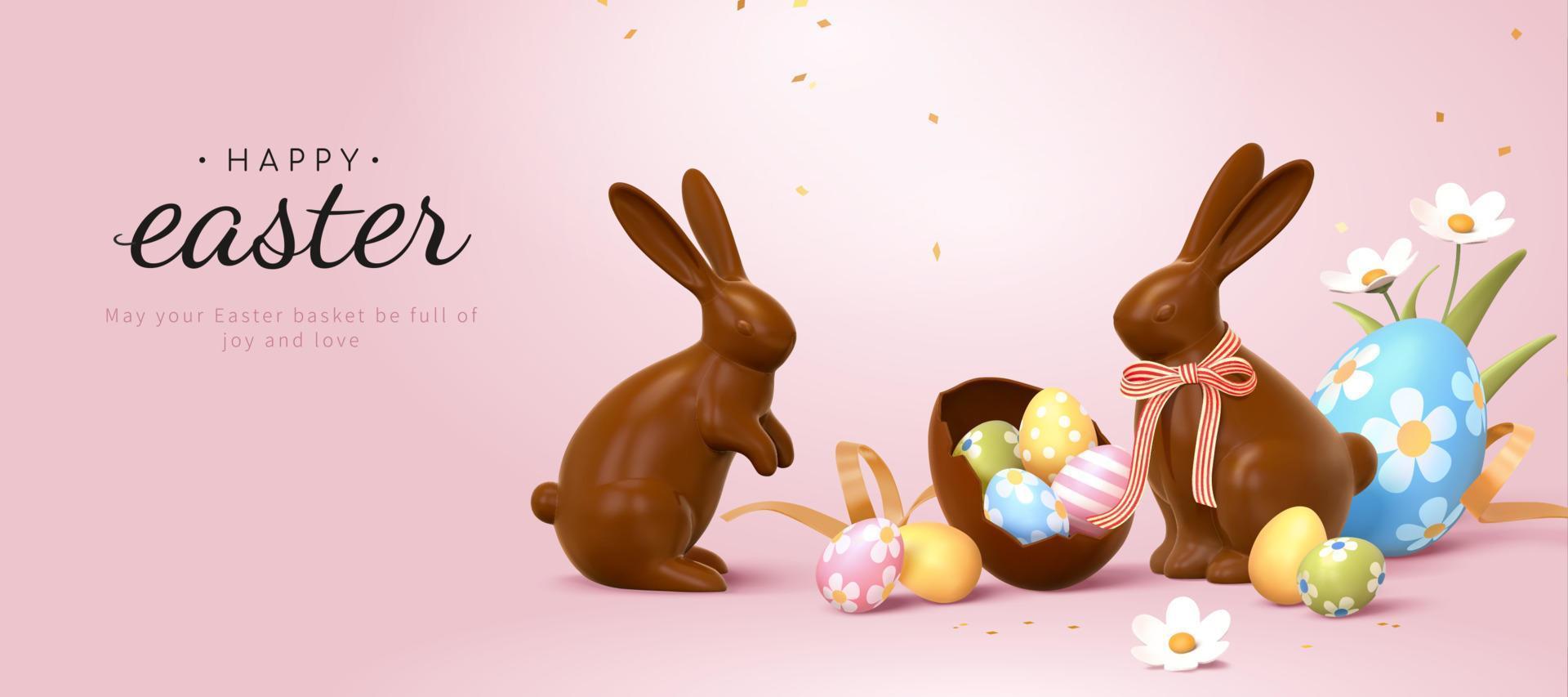 3d Easter banner with chocolate rabbits and beautiful painted eggs. Concept of Easter egg hunt or egg decorating art. vector