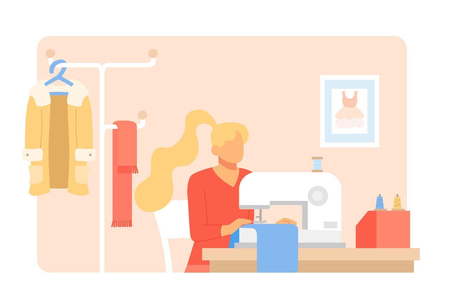 Woman working on sewing machine. Flat style illustration of woman running tailoring business. vector