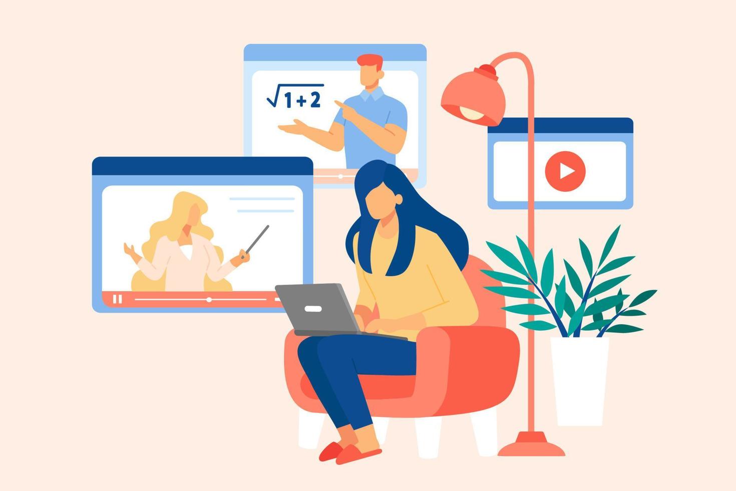 Young woman with laptop learning through online platforms at home. Online classes concept in flat design vector