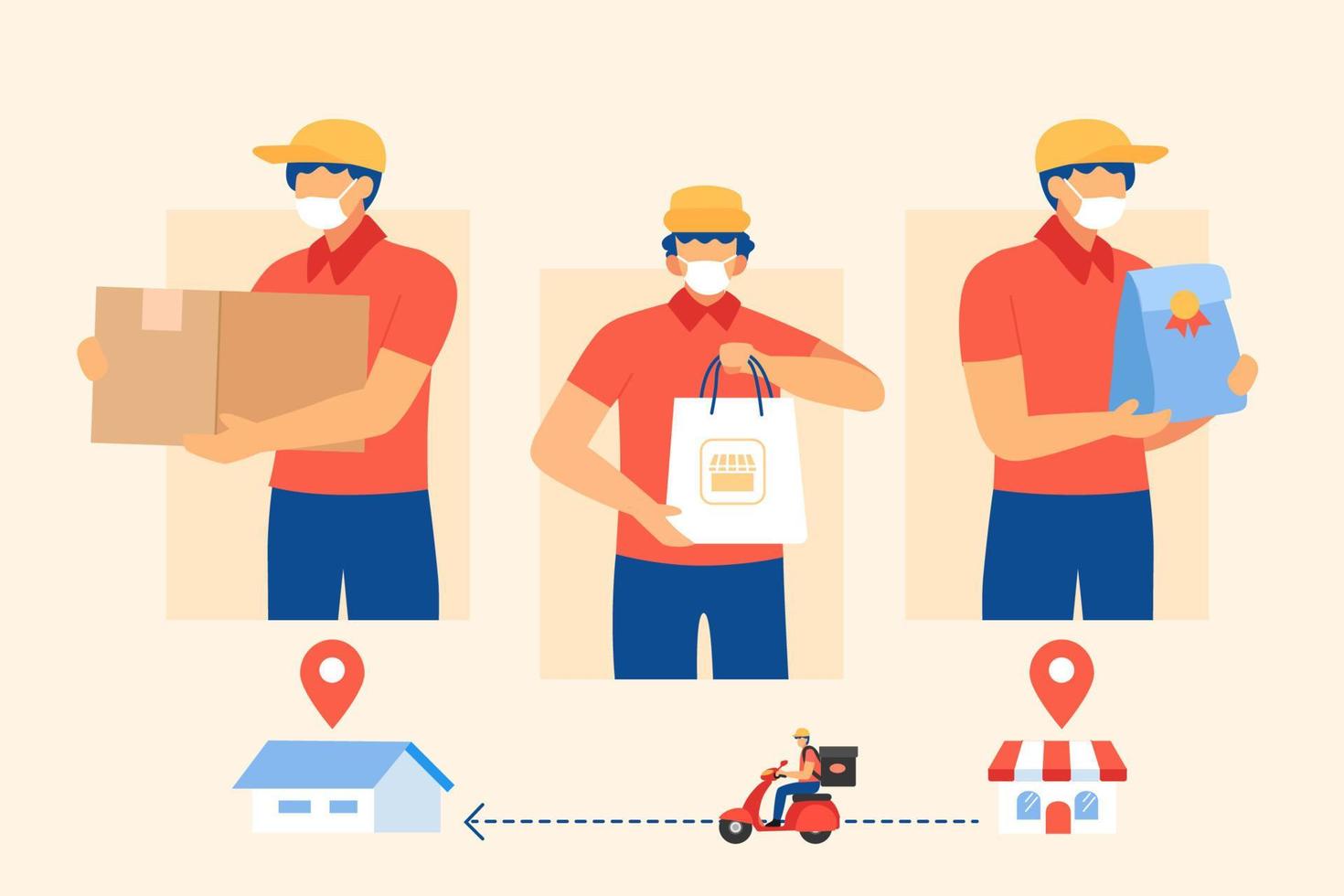 Flat style illustration, courier deliver packages safely during pandemic. Delivery man holding different packages with protective face mask on face. Safe food delivery from shop to home on a scooter. vector